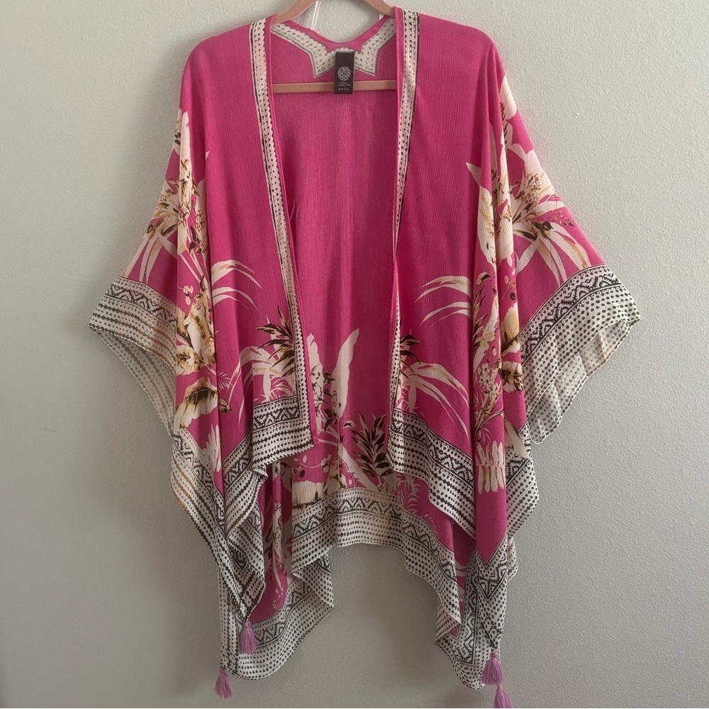 Vince Camuto Pink Floral Tassel Hem Open Front Tropical Kimono OS